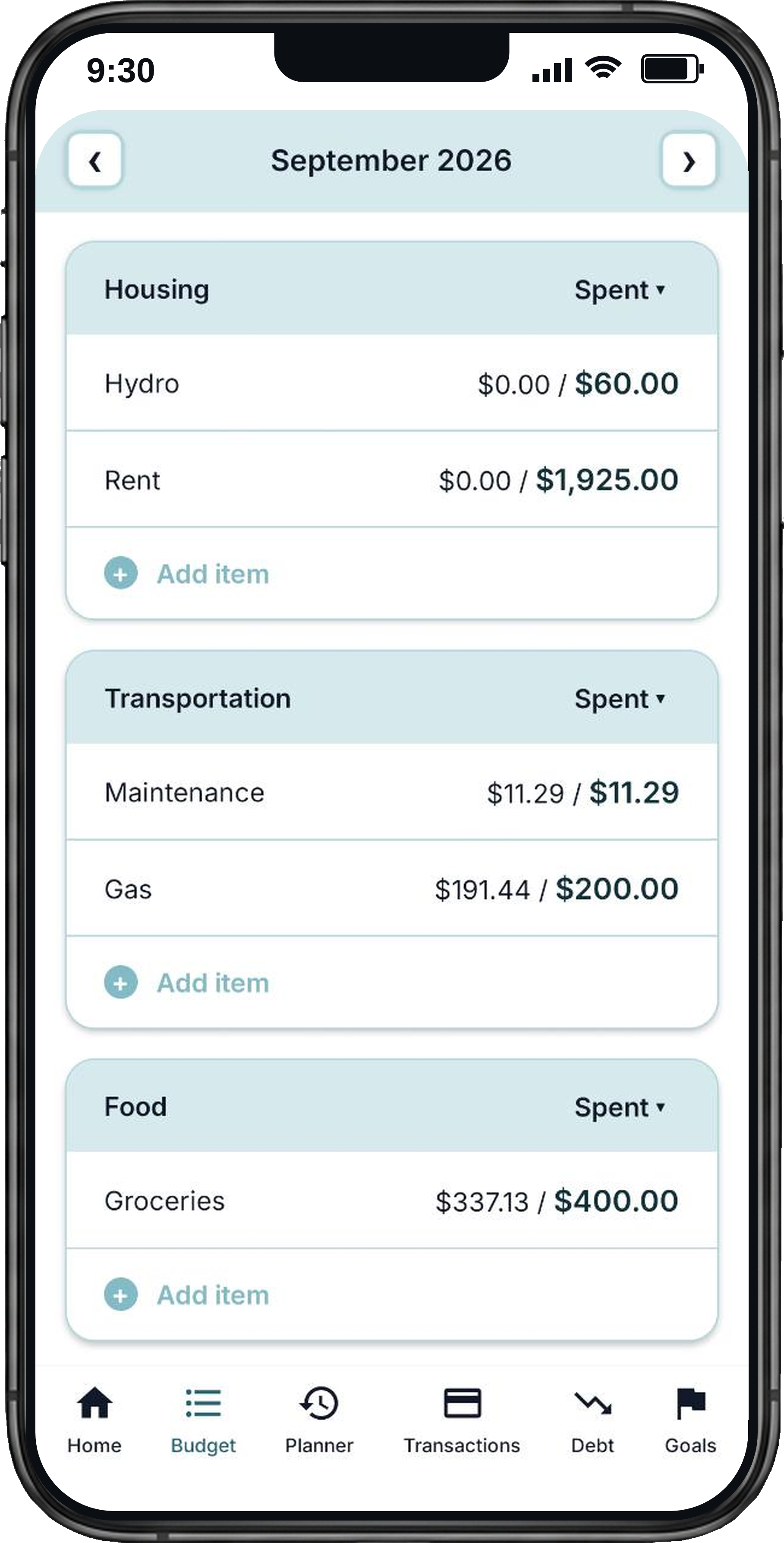 Millie budget page showing September housing, transportation, and grocery spending in an iPhone