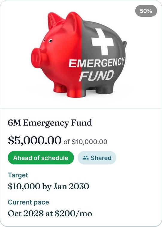 6M Emergency Fund goal at 50 percent progress, ahead of schedule and shared