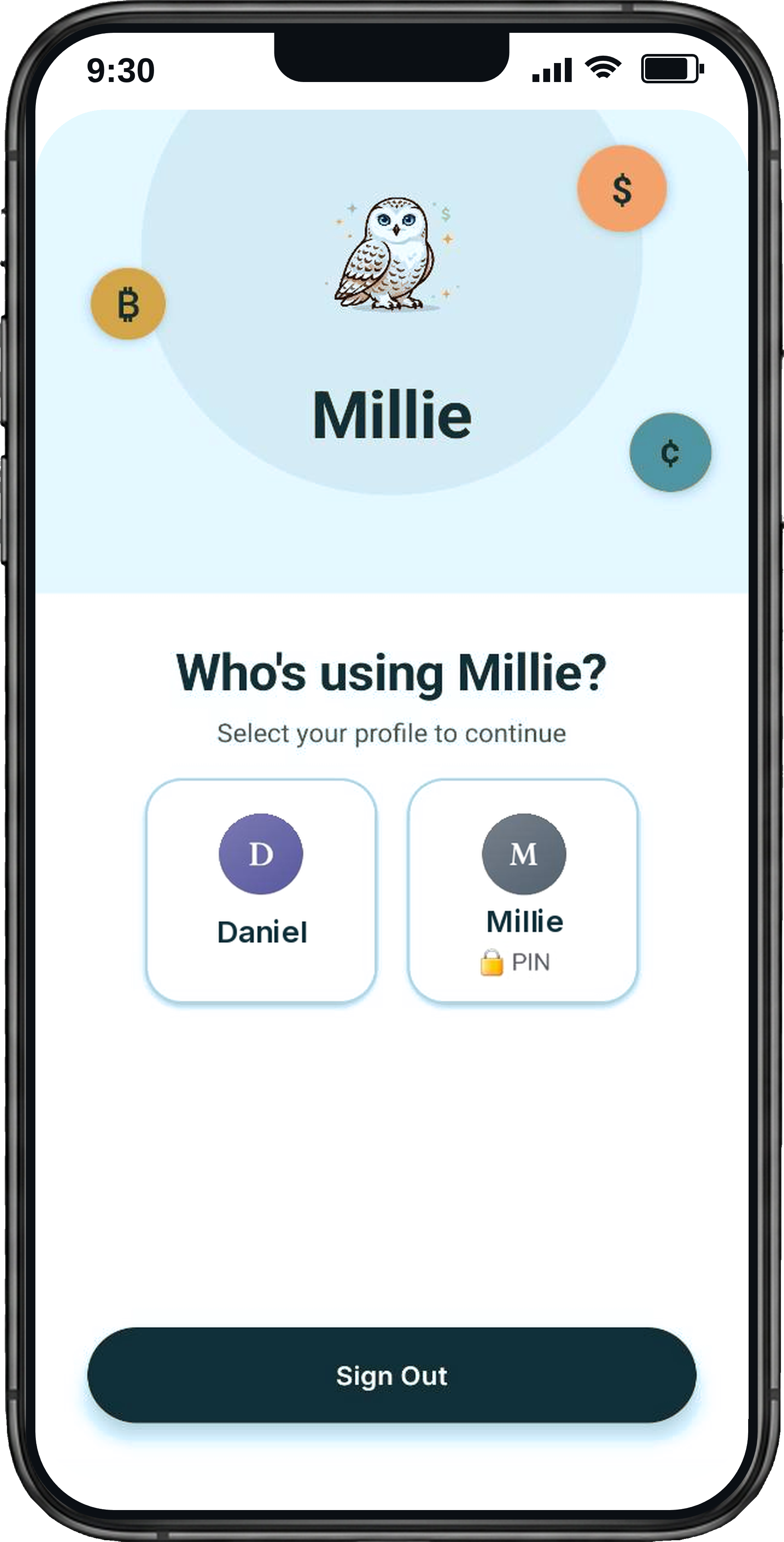 Millie family profile selection screen in an iPhone